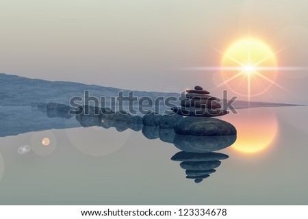 calm lake beach with stacked stones, reflections, sun, lens flare star
