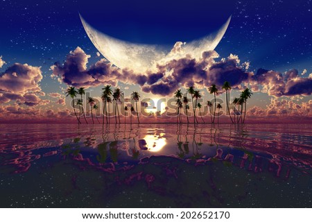 large moon over pink sunset. Elements of this image furnished by NASA