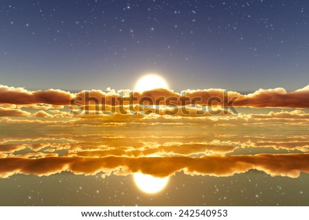 sun in clouds over mirror golden water with stars on sky