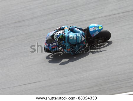SEPANG, MALAYSIA - OCT. 21: Pol Espargaro of HP Tuenti Speed Up in action during practice session of Shell Advance Malaysian Moto GrandPrix on Oct. 21 2011 in Sepang, Malaysia.