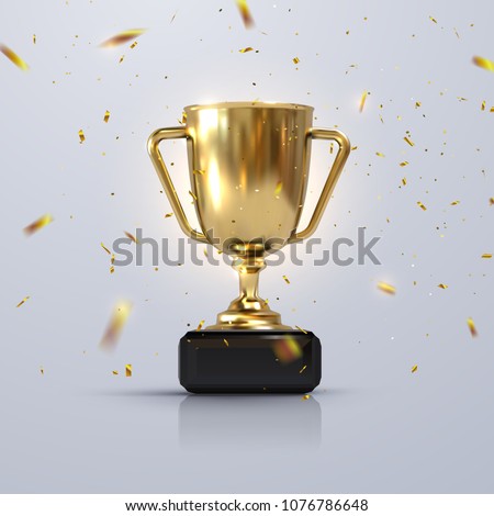 Golden champion cup isolated on white background. Vector realistic 3d illustration. Championship trophy with glittering confetti particles. Sport tournament award. Victory concept