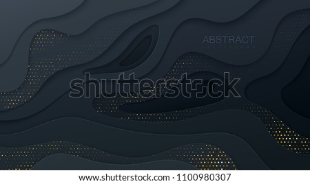 Black paper cut background. Abstract realistic papercut decoration textured with wavy layers and golden halftone effect pattern. 3d topography relief. Vector illustration. Cover layout template.