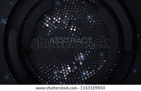 Black paper cut background. Abstract realistic papercut decoration textured with silver halftone pattern. 3d backdrop. Carving art. Vector illustration. Cover layout template. Material design concept