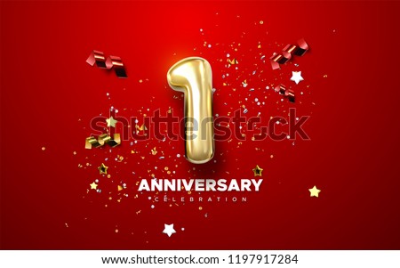 First Anniversary celebration. Golden number 1 with sparkling confetti, stars, glitters and streamer ribbons. Vector festive illustration. Realistic 3d sign. Birthday or wedding party event decoration