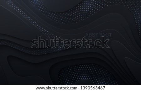 Black paper cut background. Abstract realistic papercut decoration with wavy layers and silver glitters. 3d topography relief. Vector topographic illustration. Cover layout template.