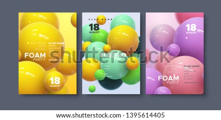Electronic music festival ads poster. Modern club foam party invitation. Vector illustration with 3d abstract spheres. Dynamic colorful bouncing balls. Dance music event cover. Brochure template