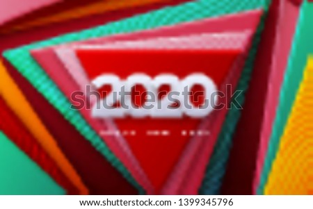 Happy New 2020 Year. Vector holiday illustration. White numbers 2020. Colorful geometric background. Festive event banner. Paper shapes with engraved wavy pattern. Poster or cover design