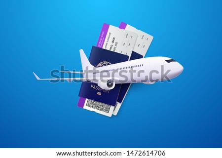 Vector 3d illustration of passports, boarding passes and airplane. Travel concept. Booking service or travel agency sign. Air transportation. Flight tickets. Advertising banner.