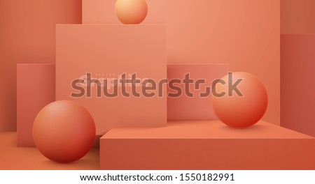 Minimal geometric interior. Vector 3d illustration. Modern studio space. Coral background. Futuristic showroom concept. Stage or podium for product exposition. Geometric cubes and spheres