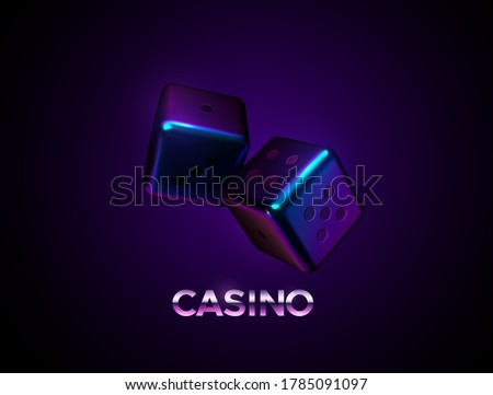 Neon dices on dark background. Vector realistic 3d illustration. Casino or gambling concept. Game sign. Iridescent purple and blue cubes.