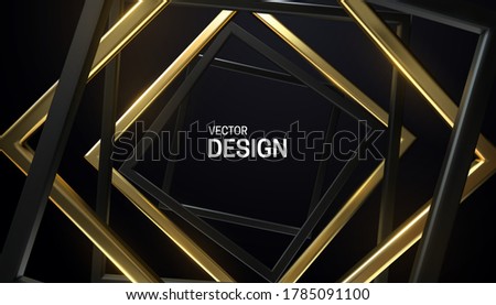 Black and golden square frames. Abstract background. Vector 3d illustration. Random rotated rectangles. Geometric banner. Luxury element for poster or cover design.
