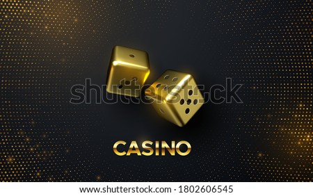 Golden dices on black background with golden glitters. Vector realistic 3d illustration. Casino or gambling concept. Game sign. Shiny cubes.