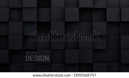 Black cubes abstract background. Random mosaic shapes. Vector architectural illustration. Geometric backdrop. Futuristic interior concept. Square tiles. Business or corporate design element