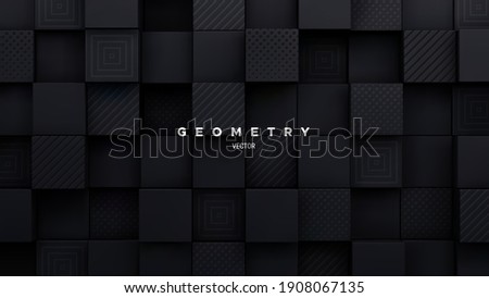 Black mosaic background. Random cubes backdrop. Vector geometric illustration. Square shapes with engraved patterns. Architectural abstraction. Interior concept. Business or corporate decoration