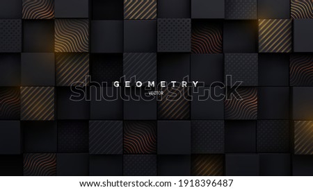 Black mosaic background. Random cubes backdrop. Vector geometric illustration. Square shapes with engraved gold patterns. Architectural abstraction. Interior concept. Business or corporate decoration