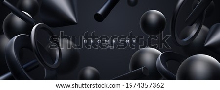 Black geometric shapes backdrop. Abstract elegant background. Vector 3d illustration. Flowing geometry primitives composition. Banner or sign design