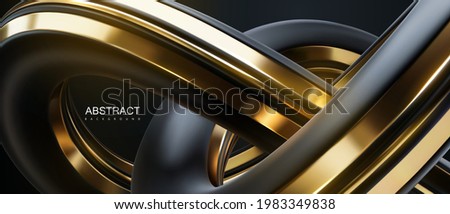 Abstract background with black and golden knot shape. Vector 3d illustration. Intertwined curvy shape. Futuristic loop. Banner or sign design. Modern cover template