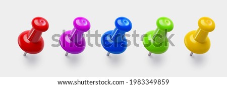 Push pin set isolated on white background. Colorful thumbtacks collection. Vector 3d illustration. Glossy plastic pin tacks