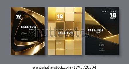 Electronic music festival ads poster set. Modern club electro party invitation. Vector illustration. 3d black and golden shapes. Dance music event cover. Brochure or flyer template