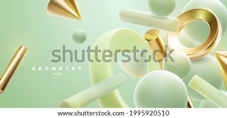 Abstract background with 3d mint green and golden shapes. Abstract natural background. Vector illustration. Flowing geometry primitives composition. Modern cover template. Wallpaper or banner design Foto stock © 