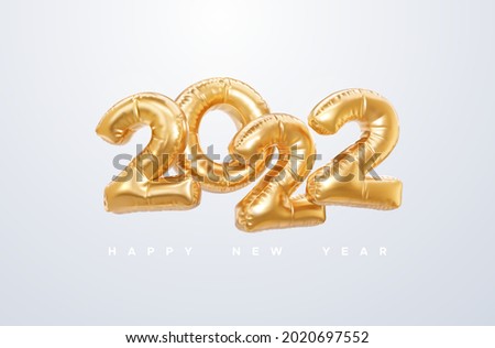 Happy New 2022 Year. Vector holiday illustration. 2022 golden foil balloons on white background. Gold helium balloon numbers. . Realistic 3d sign. Design element for festive poster or banner design