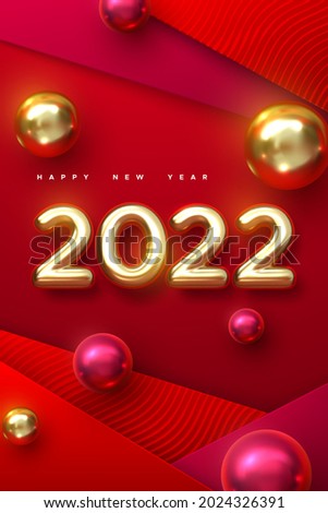 Happy New 2022 Year. Holiday vector illustration of golden metallic numbers 2022 with christmas balls. Realistic 3d sign. Red papercut background. Festive poster or stories template design