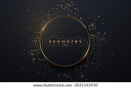 Abstract black circle shape with golden glowing frame and glitters. Vector illustration. Geometric backdrop with golden glittering particles. Holiday banner design. Minimalist decoration