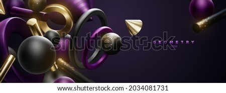 Black, golden and purple geometric shapes. Abstract elegant background. Vector 3d illustration. Flowing geometry primitives with golden shimmering glitters. Luxury banner or sign design Foto stock © 