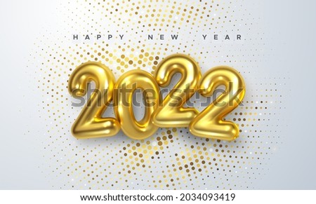 Happy New 2022 Year. Holiday vector illustration of golden metallic numbers 2022 and sparkling glitters pattern. Realistic 3d sign. Festive poster or banner design