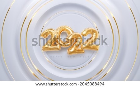 Happy New 2022 Year. Vector holiday illustration. 2022 golden foil balloons on circular white background. Gold balloon numbers. . Realistic 3d sign. Design element for festive poster or banner design