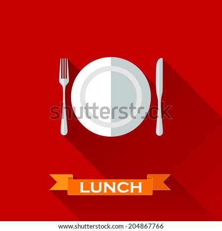vector illustration with a plate and cutlery in flat design style with long shadows. Lunch time concept