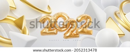 Happy New 2022 Year. Vector holiday illustration. 2022 golden foil balloons and flowing 3d geometric shapes on white background. Gold helium balloon numbers. Festive poster or banner design
