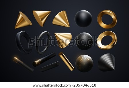 3d black and golden geometric shapes. Vector realistic illustration. Geometry primitives with shimmering glitters isolated on black background. Decoration elements for design Foto stock © 