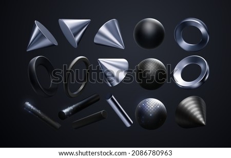 3d black and silver geometric shapes. Vector realistic illustration. Geometry primitives with shimmering glitters isolated on black background. Decoration elements for design