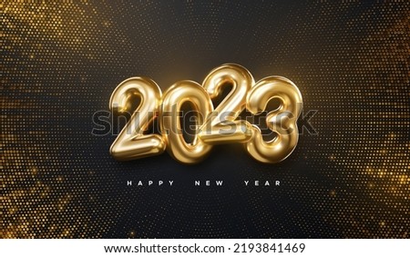Happy New 2023 Year. Vector holiday illustration. Golden numbers on black background textured with shimmering glitters. Festive event banner with bursting light rays. Modern poster or cover design