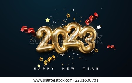 Realistic 2023 golden numbers with festive confetti, stars and spiral ribbons on black background. Vector holiday illustration. Happy New 2023 Year. New year ornament. Decoration element with tinsel