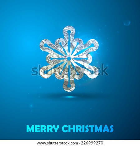 Holiday vector illustration of a silver snowflake with foil texture. Merry Christmas and Happy New Year. Postcard, flyer or greeting card design