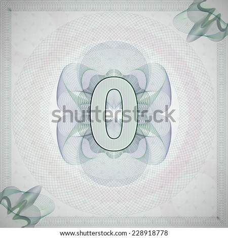 vector illustration of number 0 (zero) in guilloche ornate style. monetary banknote background