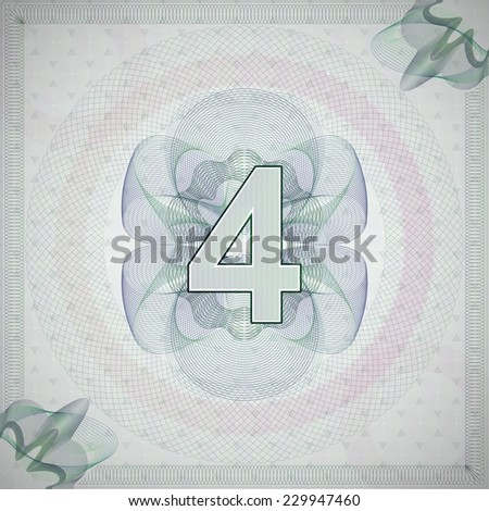 vector illustration of number 4 (four) in guilloche ornate style. monetary banknote background