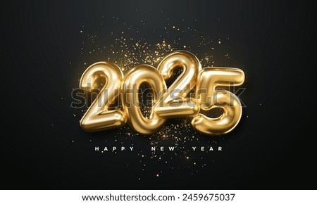 Realistic 2025 golden numbers and festive confetti on black background. Vector holiday illustration. Happy New 2025 Year. New year ornament. Decoration element with tinsel