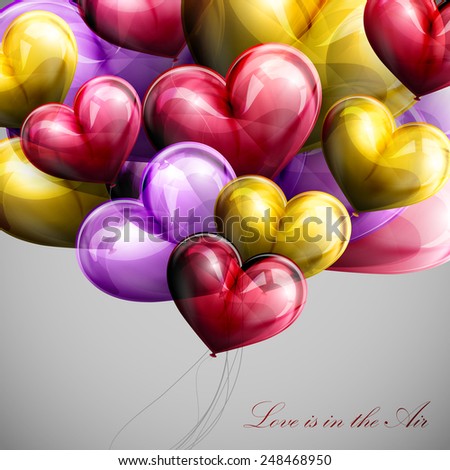 vector holiday illustration of flying bunch of festive balloon hearts. Valentines Day or wedding background. Love is in the Air