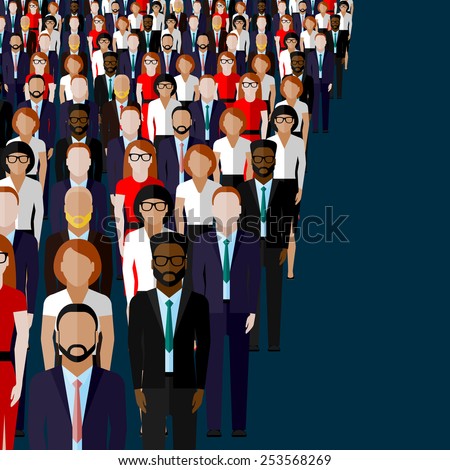 vector flat illustration of business or politics community. a large group of men and women (business community or politicians) wearing suits, ties and dresses.