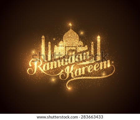 vector holiday illustration of shiny Ramadan Kareem label. lettering composition of muslim holy month with mosque building and sparkles