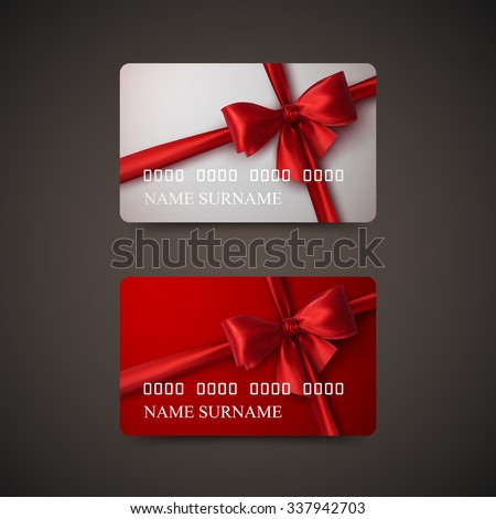 Gift Cards With Red Bow And Ribbon. Vector Illustration. Gift Or Credit Card Design Template