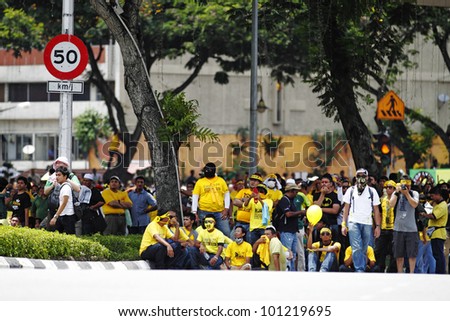 KUALA LUMPUR, MALAYSIA - APRIL 28: Protesters at the protest rally organized by the coalition for clean and fair election on April 28, 2012 in Jln Parlimen, Kuala Lumpur, Malaysia.