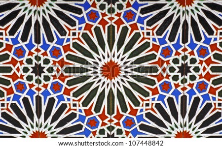Colorful Moorish Glass Mosaic Tile With Floral And Star Patterns. Stock