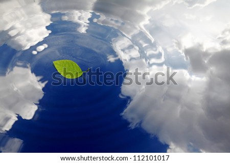 Ripple on the surface of water reflecting the blue cloudy sky with a single green leaf floating on it.