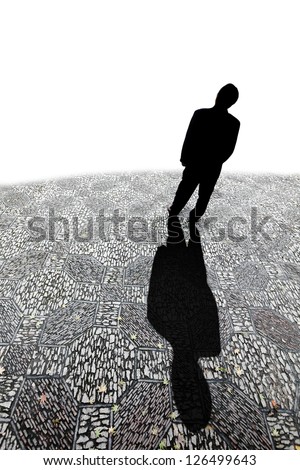 Silhouette of a man casting a long shadow on a cobble stone road against a white background with blank space for text.