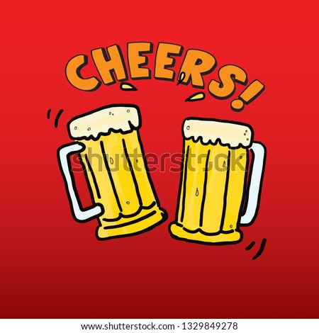 Cartoon of two beer mugs with the message cheers. Vector illustration.