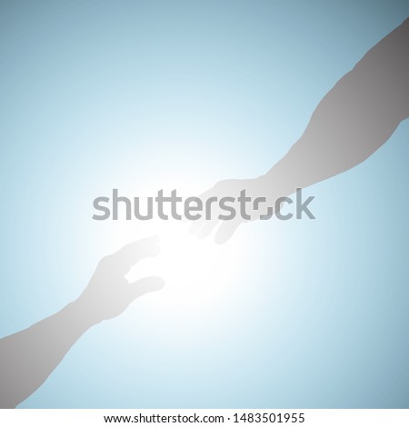 Silhouette of two hand reaching out across a fiery blue plasma ball. Vector illustration. 